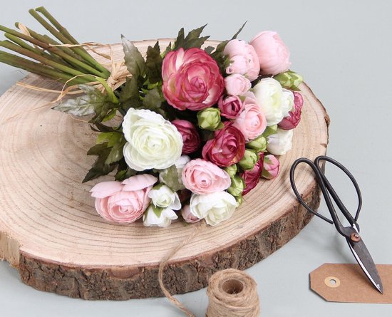 Mica Decorations Boeket - kunstbloemen - roze/wit - Ranunculus/ranonkel kunstbloemen - 35 cm - Bruidsboeketten