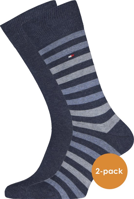 Tommy Hilfiger Duo Stripe Socks (2-pack) - herensokken katoen - gestreept en uni - jeans blauw - Maat: 39-42