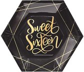 Kartonnen Bordjes  Sweet Sixteen Zwart/Goud 17.5 cm 10 st - Wegwerp borden - Feest/verjaardag