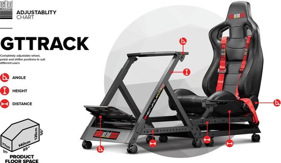 Zwarte GTTrack racestoel met rode gespen, verstelbaar frame en productinformatie in het Engels.