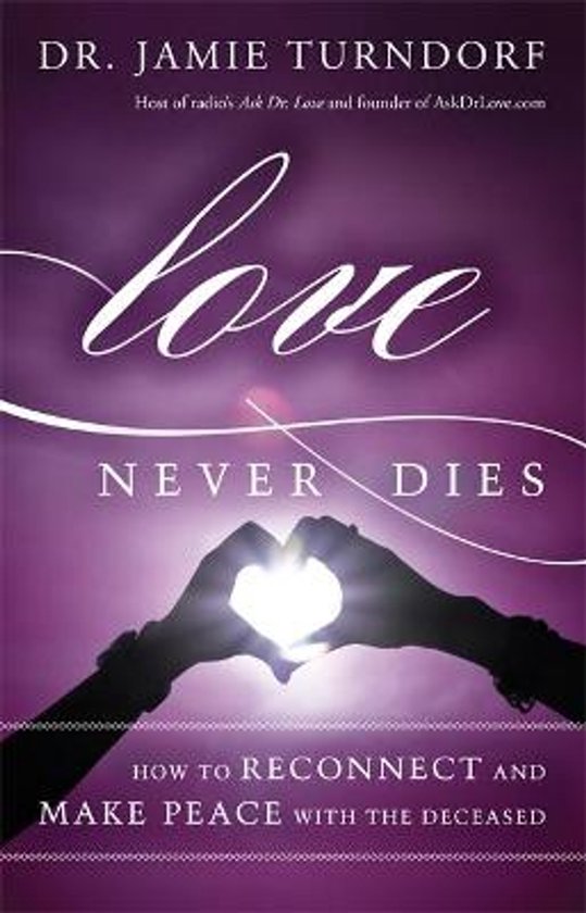 Couverture du livre 'Love Never Dies' par Dr. Jamie Turndorf. Fond violet avec des mains en forme de cœur tenant une lumière.