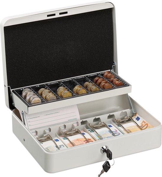 Relaxdays geldkistje met slot - munten sorteren - metalen geldkist - geldkluisje - sleutel - wit