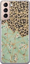 Leuke Telefoonhoesjes - Hoesje geschikt voor Samsung Galaxy S21 - Luipaard bloemen print - Soft case - TPU - Luipaardprint - Groen