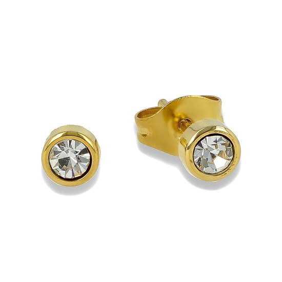 Oorsteker goudkleurig met witte zirkonia steen - 4 mm - Goudkleurige oorbellen met wit zirkonia - Met luxe cadeauverpakking
