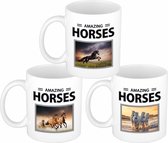 Set van 3x stuks paarden thema drink mokken met dieren foto print van amazing horses - 300 ml - Keramiek - Amazing Horses