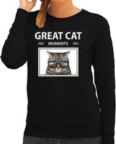 Dieren foto sweater grijze kat - zwart - dames - great cat mowoments - cadeau trui katten liefhebber S