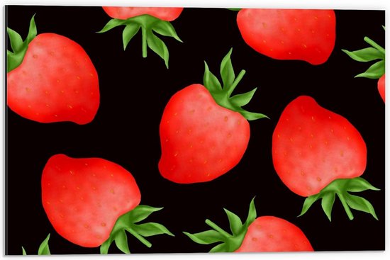 Dibond - Patroon  van Rode Aardbeien op Zwarte Achtergrond - 60x40cm Foto op Aluminium (Met Ophangsysteem)