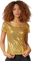 dressforfun - Paillette-shirt met korte mouwen goud L - verkleedkleding kostuum halloween verkleden feestkleding carnavalskleding carnaval feestkledij partykleding - 303708