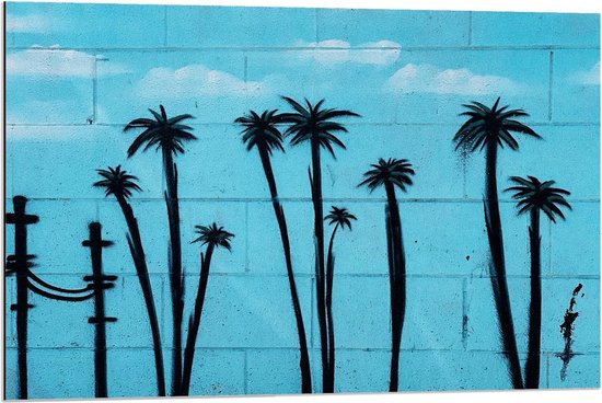 Dibond - Palmbomen Getekend op Muur - 90x60cm Foto op Aluminium (Met Ophangsysteem)