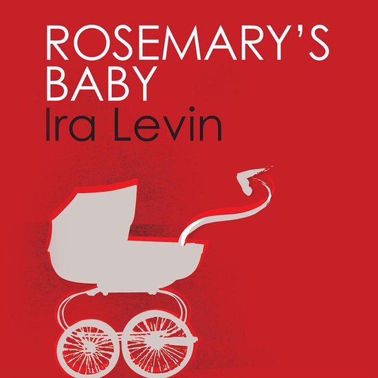 Boekomslag van Rosemary's Baby met een rode achtergrond en een illustratie van een kinderwagen.