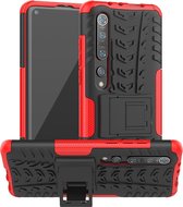 Voor Xiaomi Mi 10 Pro Tire Texture Shockproof TPU + PC beschermhoes met houder (rood)