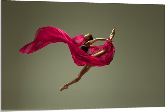 Dibond - Dansende Ballerina in Roze Kleed - 120x80cm Foto op Aluminium (Wanddecoratie van metaal)