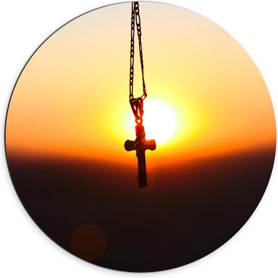 Dibond Wandcirkel - Kruisketting met Zonsondergang - 70x70cm Foto op Aluminium Wandcirkel (met ophangsysteem)