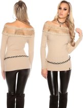 Fijn Gebreide Trui met Carmen Hals Beige - One Size S/M