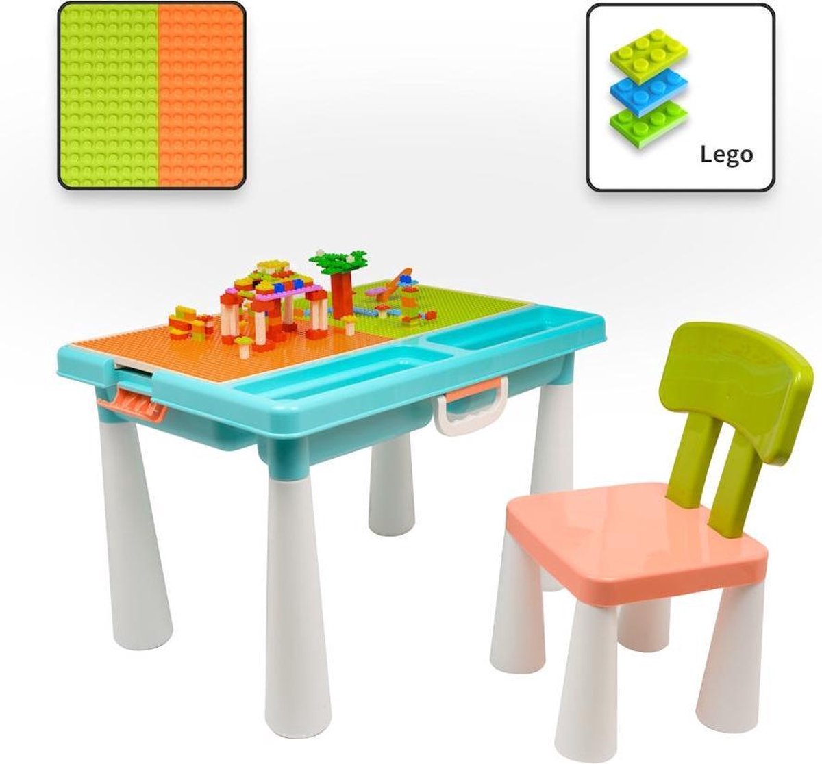 Merkloos Sans marque Decopatent Kindertafel met 1 Stoel Speeltafel met bouwplaat (Voor Lego blokken) en vlakke kant 2 Vakken 515 Bouwstenen