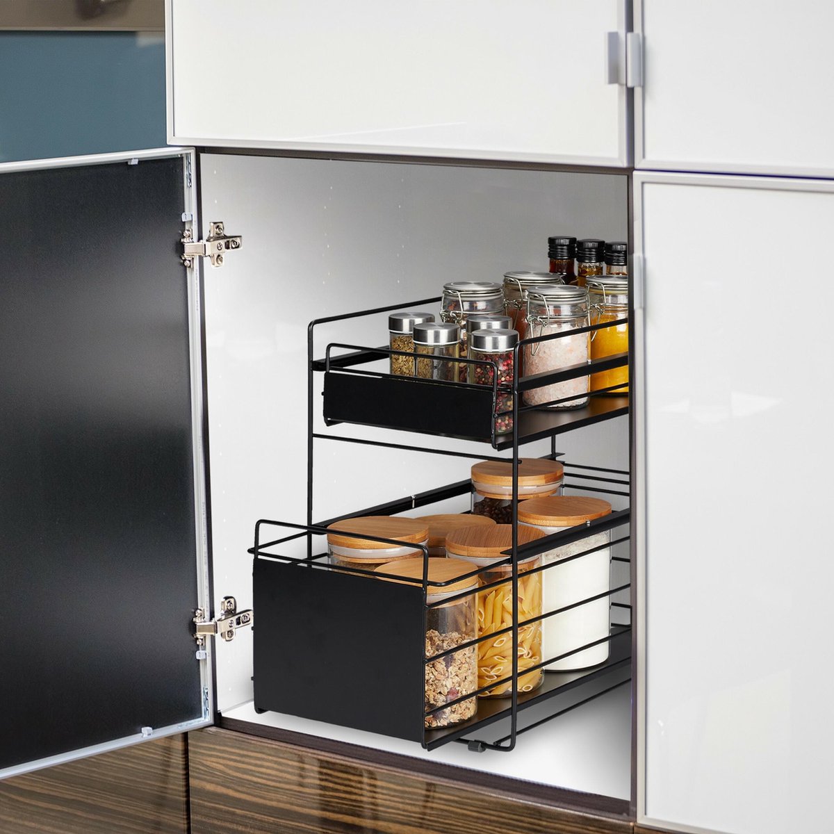 relaxdays keuken organizer zwart opbergrek 2 etages metalen