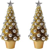 2x stuks complete mini kunst kerstboompje/kunstboompje goud/zilver met kerstballen 40 cm - Kerstbomen - Kerstversiering