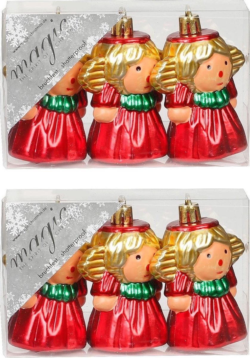 Inge-glas Engeltjes - 6x kunststof kersthangers rood 8 cm - kerstornamenten - kerstversiering
