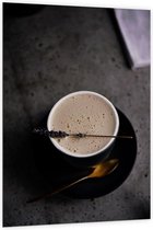 Dibond - Koffie met Gouden Lepeltje - 100x150cm Foto op Aluminium (Wanddecoratie van metaal)
