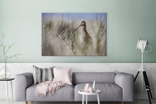 Canvas schilderij 180x120 cm - Wanddecoratie Een watersnip tussen het hoge riet - Muurdecoratie woonkamer - Slaapkamer decoratie - Kamer accessoires - Schilderijen