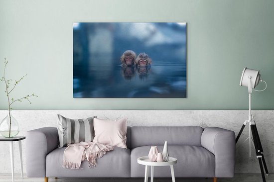 Canvas schilderij 180x120 cm - Wanddecoratie Japans - Apen - Water - Dieren - Landschap - Muurdecoratie woonkamer - Slaapkamer decoratie - Kamer accessoires - Schilderijen