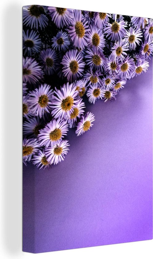 Canvas schilderij 40x60 cm - Wanddecoratie Paarse aster bloemen in de hoek - Muurdecoratie woonkamer - Slaapkamer decoratie - Kamer accessoires - Schilderijen op canvas