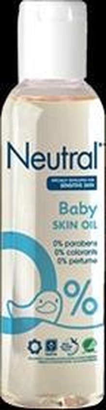 Flesje Neutral Baby Huidolie, 150 ml. Op de fles: "speciaal ontwikkeld voor de gevoelige huid".
