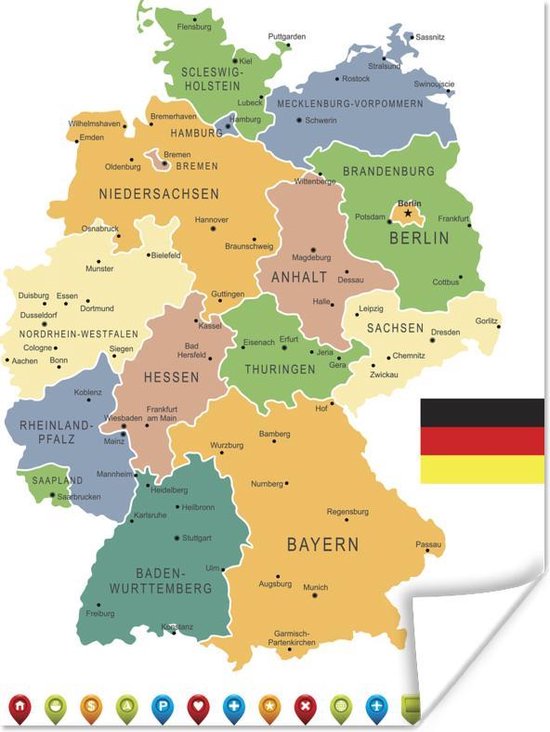 Poster - Kaart van Duitsland met de deelstaten 120x160 cm XXL / | bol.com