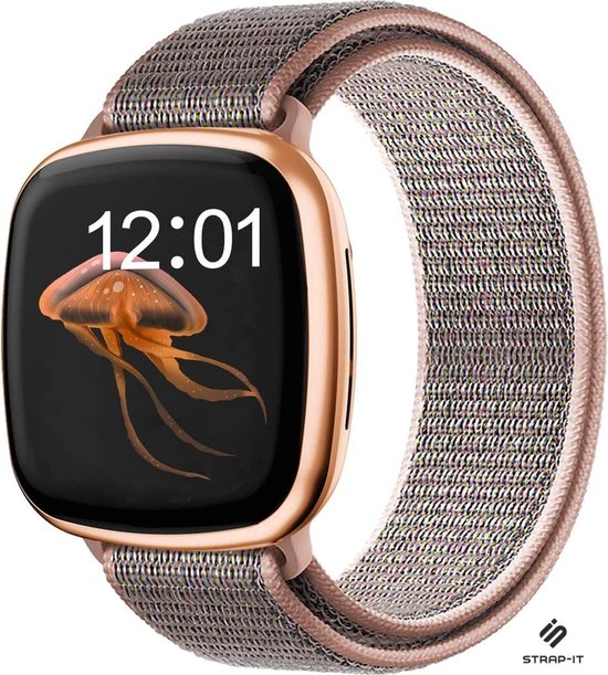 Strap-it Nylon smartwatch bandje - geschikt voor Fitbit Sense / Fitbit Versa 3 - pink sand