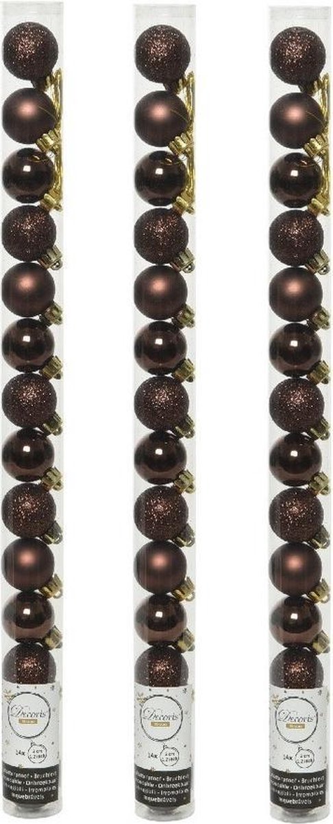 42x stuks mini kunststof kerstballen donkerbruin 3 cm - glans/mat/glitter - Kerstboomversiering