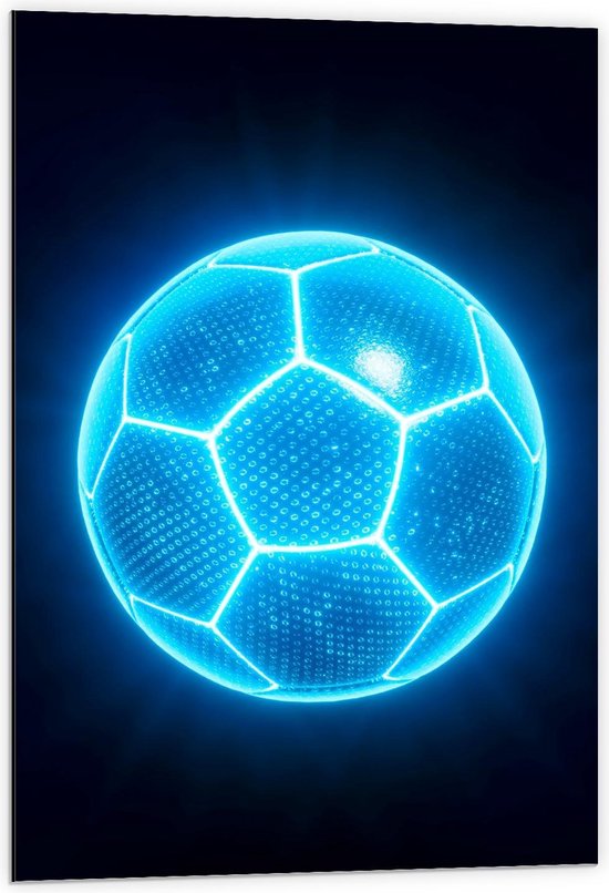 Dibond - Blauwe Neon Voetbal - 60x90cm Foto op Aluminium (Wanddecoratie van metaal)