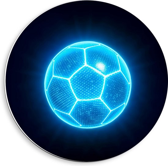Forex Wandcirkel - Blauwe Neon Voetbal - 40x40cm Foto op Wandcirkel (met ophangsysteem)