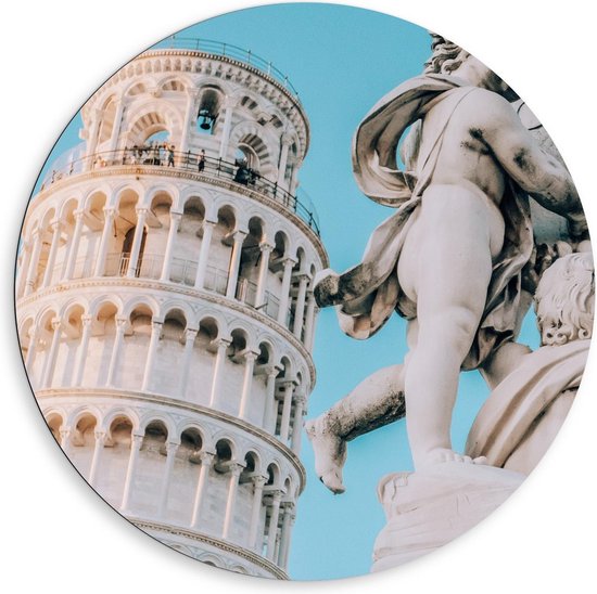 Dibond Wandcirkel - Toren van Pisa met Beeld van Engel in Italië - 80x80cm Foto op Aluminium Wandcirkel (met ophangsysteem)