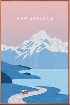 JUNIQE - Poster met kunststof lijst Retro Nieuw-Zeeland -60x90 /Blauw