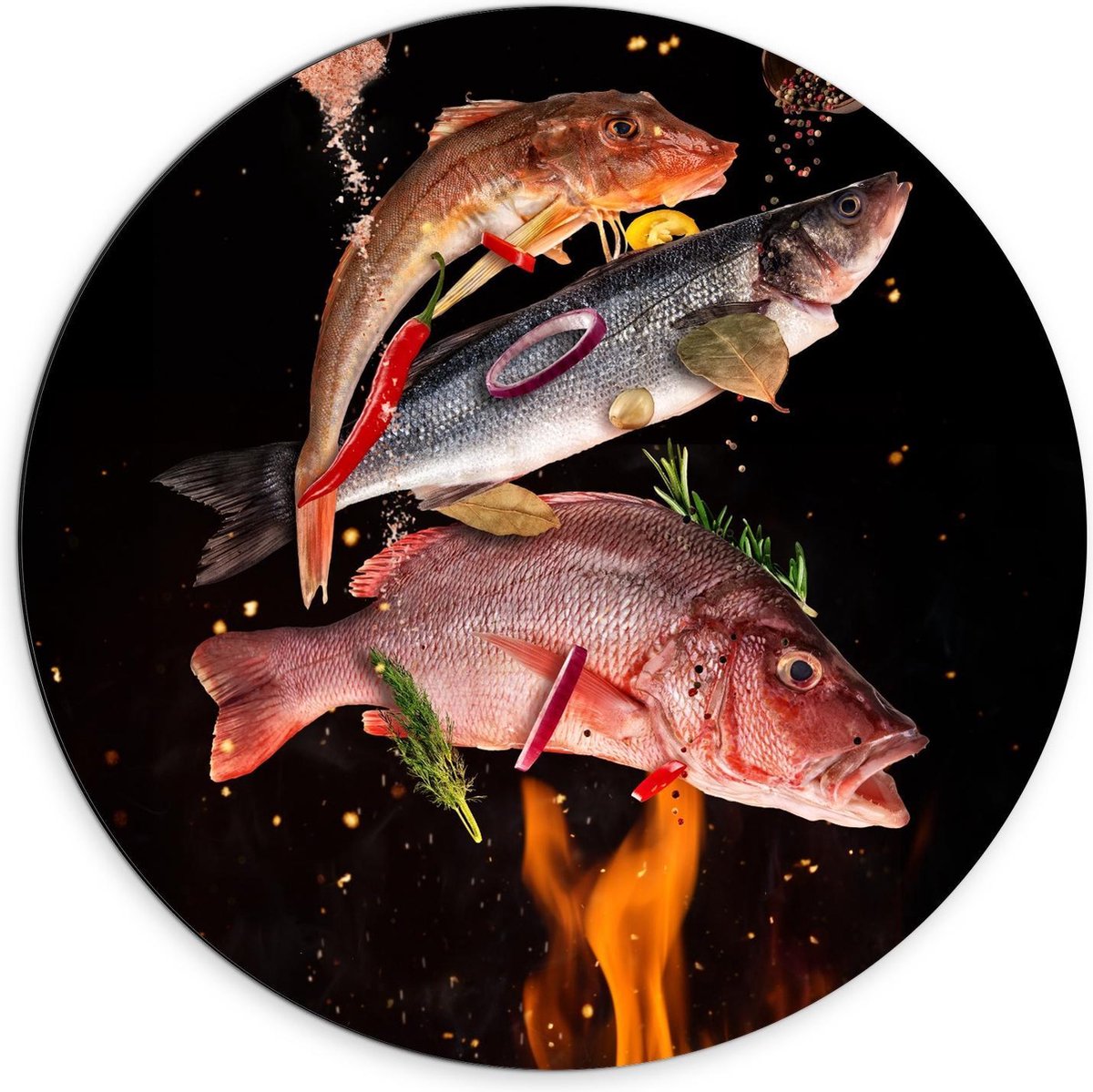 Dibond Wandcirkel - Vissen met Specerijen op de BBQ - 70x70cm Foto op Aluminium Wandcirkel