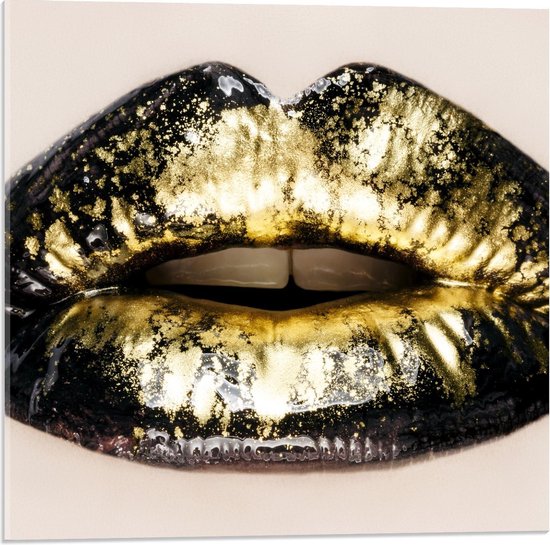 Acrylglas - Lippen met Goud en Zwart - 50x50cm Foto op Acrylglas (Wanddecoratie op Acrylglas)