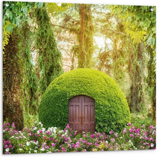 Tuinposter – Groen Bol  Huisje in Bos - 100x100cm Foto op Tuinposter  (wanddecoratie voor buiten en binnen)