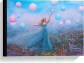 Canvas  - Vrouw in Bloemenveld met Pastel Ballonnen - 40x30cm Foto op Canvas Schilderij (Wanddecoratie op Canvas)