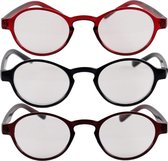 IZZLE Leesbril - Sterkte +2.00 - Zwart, Bruin en Rood 3-Pack