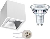 PHILIPS - Opbouwspot Set - CorePro 830 36D - Proma Cliron Pro - GU10 Fitting - Dimbaar - Opbouw Vierkant - Mat Wit/Zilver - 5W - Warm Wit 3000K - Verdiept - 90mm
