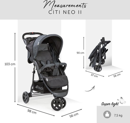 Afmetingen van de zwarte Hauck Citi Neo II buggy in uitgeklapte en ingeklapte staat. Gewicht 7,5 kg.
