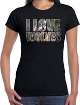 Tekst shirt I love wolves met dieren foto van een wolf zwart voor dames - cadeau t-shirt wolven liefhebber XL