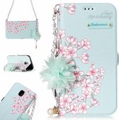 Voor Galaxy J3 (2017) (EU-versie) Sakura-bloemenpatroon Horizontale flip lederen tas met houder en kaartsleuven & parelbloem Ornament & ketting