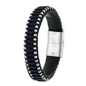 Lucardi Heren Armband met zwart&blauw leer - Leer - Armband - Cadeau - 19 cm - Zilverkleurig