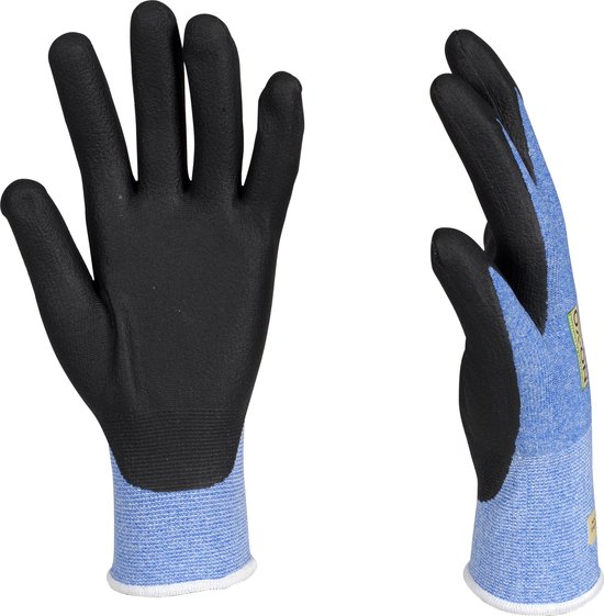 Paar blauwe handschoenen met zwarte vingers en handpalm, van voren en van de zijkant gezien.