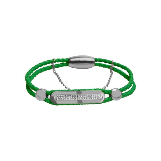 Silventi 980101672 Stalen Armband - Dames - Gevlochten - Met kristal - Magneet Sluiting - Groen- 19cm - Zilverkleurig - Leer