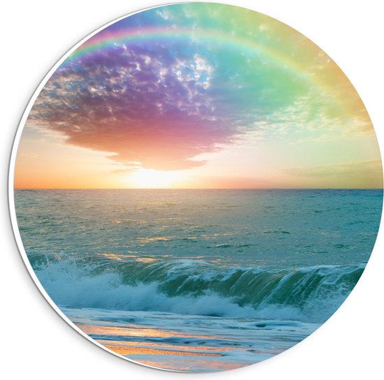 Forex Wandcirkel - Regenboog boven Mooie Blauwe Zee - Foto op Wandcirkel (met ophangsysteem)