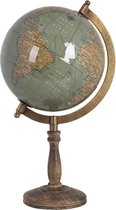 Clayre & Eef Wereldbol Decoratie 15*15*31 cm Groen, Bruin, Beige Hout, Ijzer Rond wereld Globe Aardbol