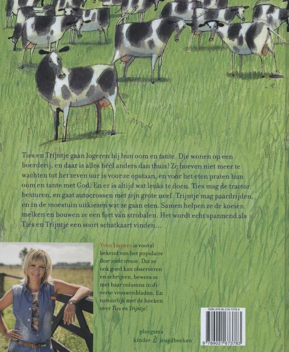 Boekcover met illustratie van koeien en tekst "Ties en Trijntje op de boerderij". Onder de illustratie een foto van Yvon Jaspers.