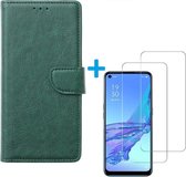 Oppo A73 5G 2020 - Bookcase Groen - portemonee hoesje met 2 stuks Glas Screen protector